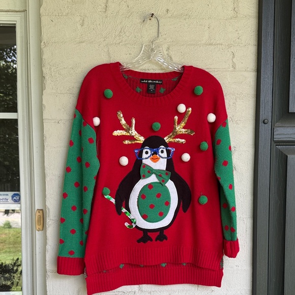 Ugly Christmas Sweater Sweaters - Penguin With Sequin Glasses Ugly Christmas Sweater Size Medium